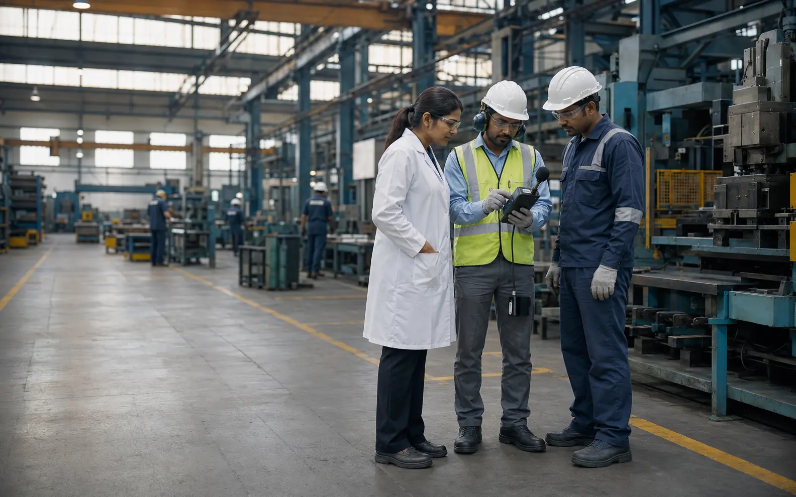 Occupational-health professionals and a worker reviewing exposure information inside an Indian industrial facility